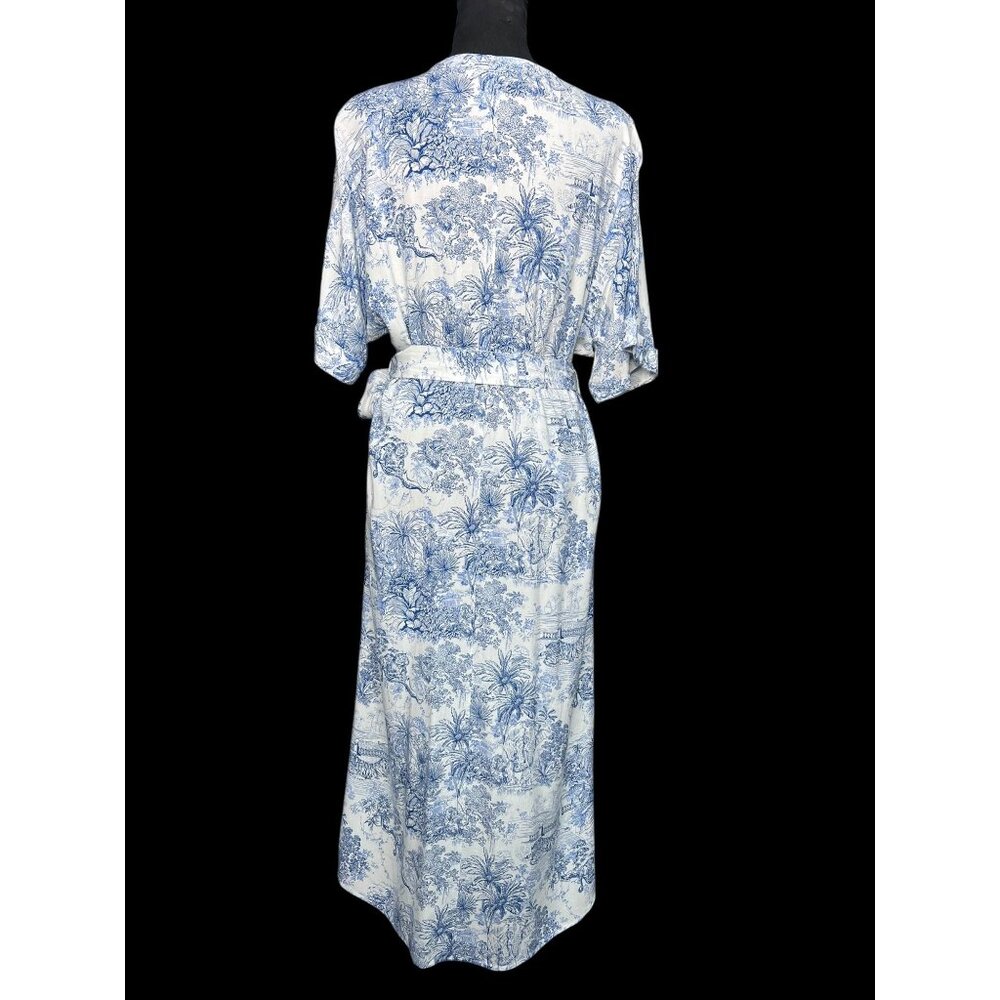 H&M Blue White Scenic Print Maxi Dress Women 0 Belted V-Neck Boho Summer - Picture 4 of 10
